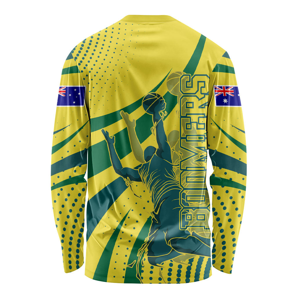 Australian Boomers Basketball Long Sleeve Shirt Abstract Wave Halftone Pattern With Dynamic Athlete Silhouette