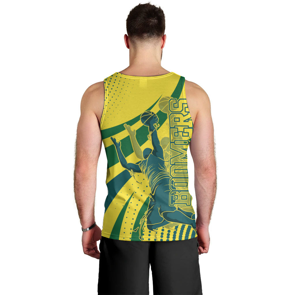 Australian Boomers Basketball Men Tank Top Abstract Wave Halftone Pattern With Dynamic Athlete Silhouette