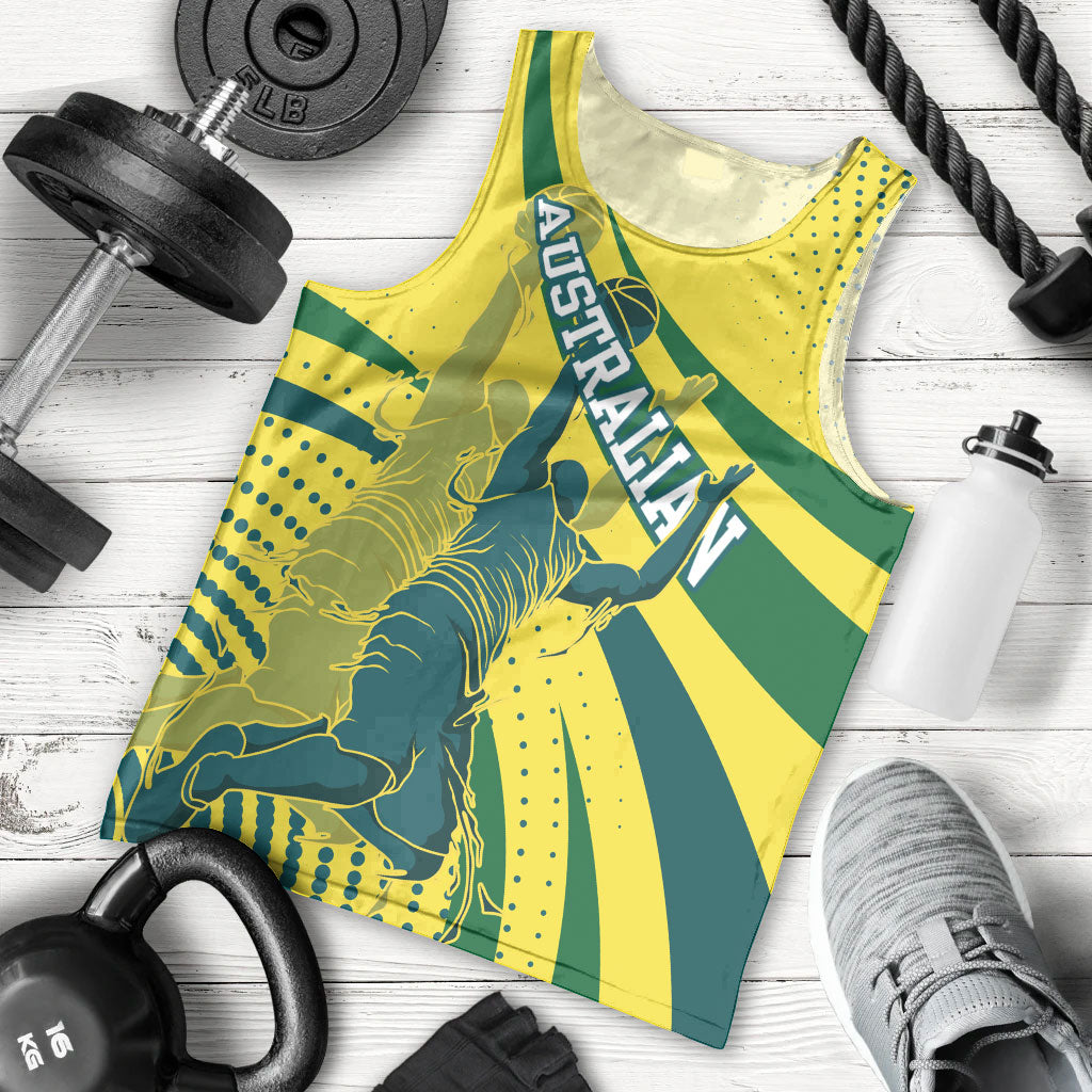 Australian Boomers Basketball Men Tank Top Abstract Wave Halftone Pattern With Dynamic Athlete Silhouette