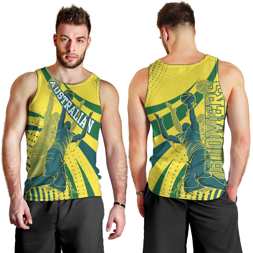 Australian Boomers Basketball Men Tank Top Abstract Wave Halftone Pattern With Dynamic Athlete Silhouette