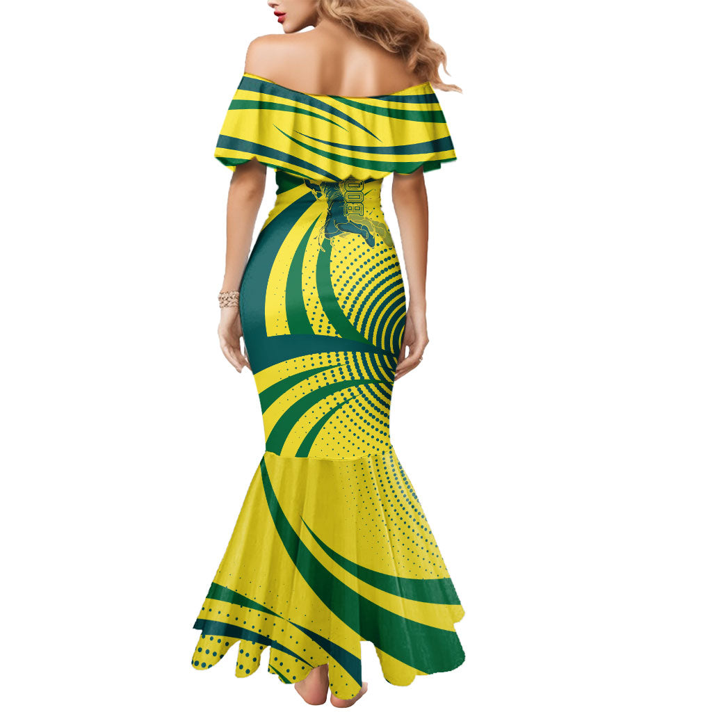 Australian Boomers Basketball Mermaid Dress Abstract Wave Halftone Pattern With Dynamic Athlete Silhouette