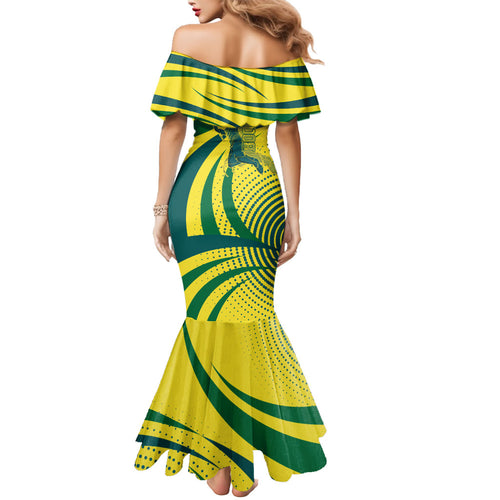 Australian Boomers Basketball Mermaid Dress Abstract Wave Halftone Pattern With Dynamic Athlete Silhouette