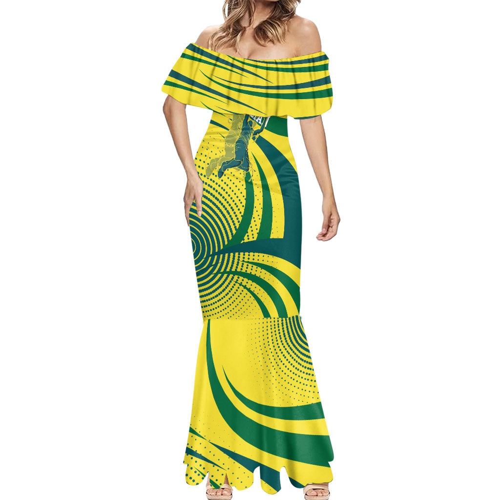 Australian Boomers Basketball Mermaid Dress Abstract Wave Halftone Pattern With Dynamic Athlete Silhouette