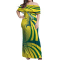 Australian Boomers Basketball Off Shoulder Maxi Dress Abstract Wave Halftone Pattern With Dynamic Athlete Silhouette