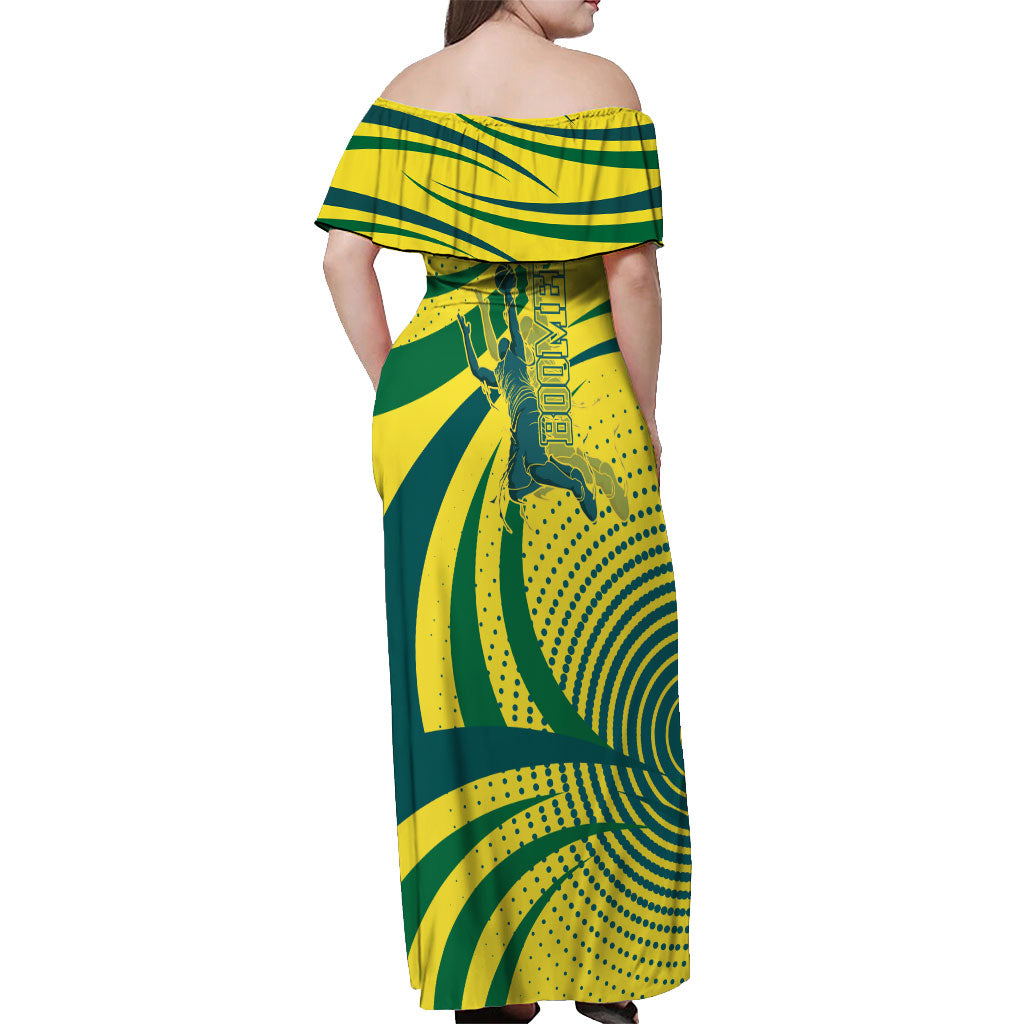 Australian Boomers Basketball Off Shoulder Maxi Dress Abstract Wave Halftone Pattern With Dynamic Athlete Silhouette