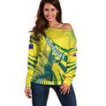 Australian Boomers Basketball Off Shoulder Sweater Abstract Wave Halftone Pattern With Dynamic Athlete Silhouette
