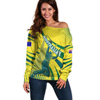 Australian Boomers Basketball Off Shoulder Sweater Abstract Wave Halftone Pattern With Dynamic Athlete Silhouette