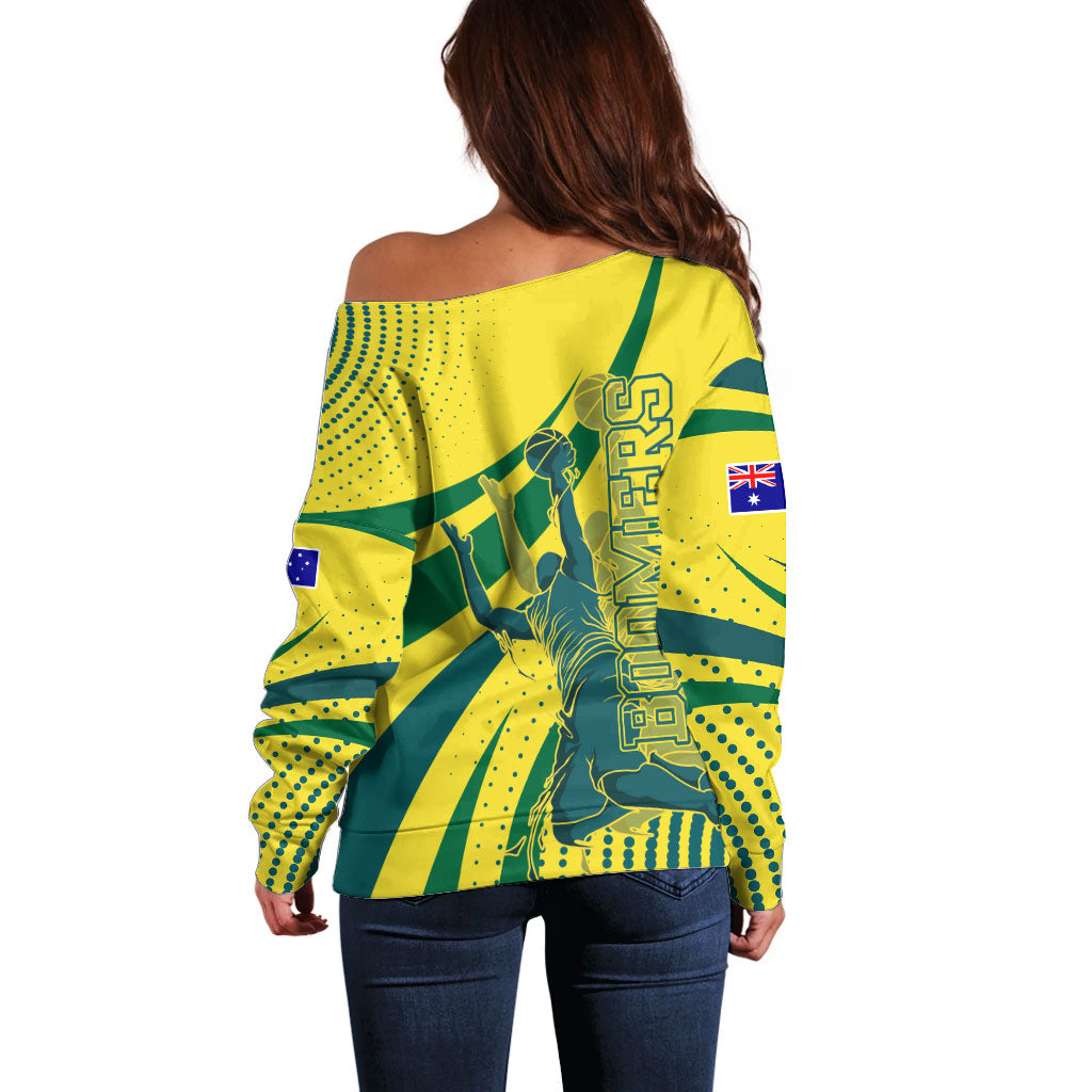 Australian Boomers Basketball Off Shoulder Sweater Abstract Wave Halftone Pattern With Dynamic Athlete Silhouette