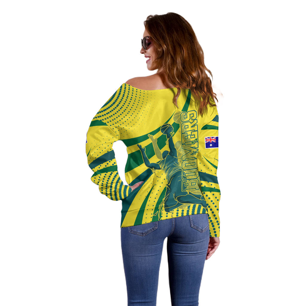 Australian Boomers Basketball Off Shoulder Sweater Abstract Wave Halftone Pattern With Dynamic Athlete Silhouette