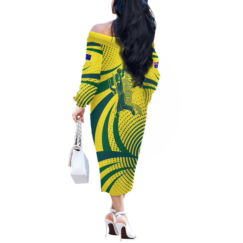 Australian Boomers Basketball Off The Shoulder Long Sleeve Dress Abstract Wave Halftone Pattern With Dynamic Athlete Silhouette