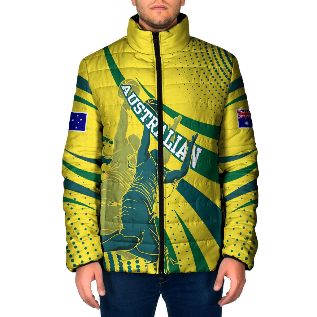 Australian Boomers Basketball Padded Jacket Abstract Wave Halftone Pattern With Dynamic Athlete Silhouette