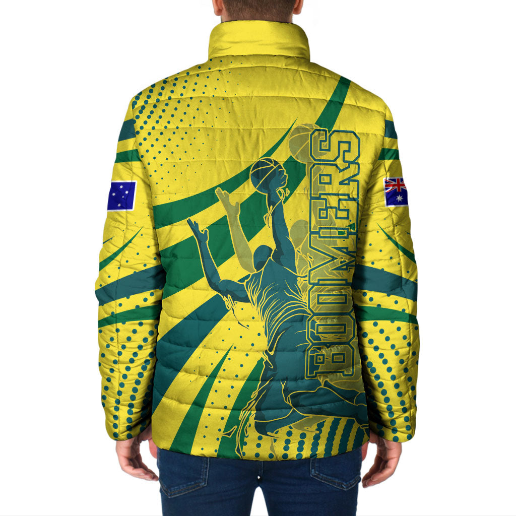 Australian Boomers Basketball Padded Jacket Abstract Wave Halftone Pattern With Dynamic Athlete Silhouette