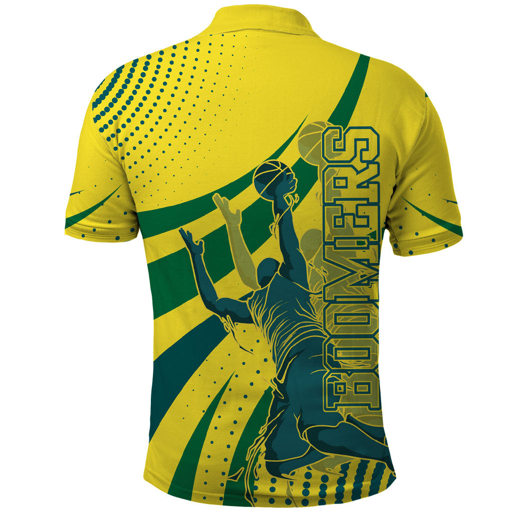 Australian Boomers Basketball Polo Shirt Abstract Wave Halftone Pattern With Dynamic Athlete Silhouette