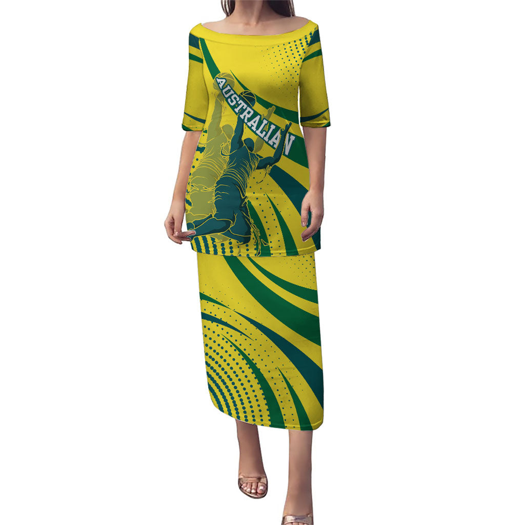 Australian Boomers Basketball Puletasi Abstract Wave Halftone Pattern With Dynamic Athlete Silhouette