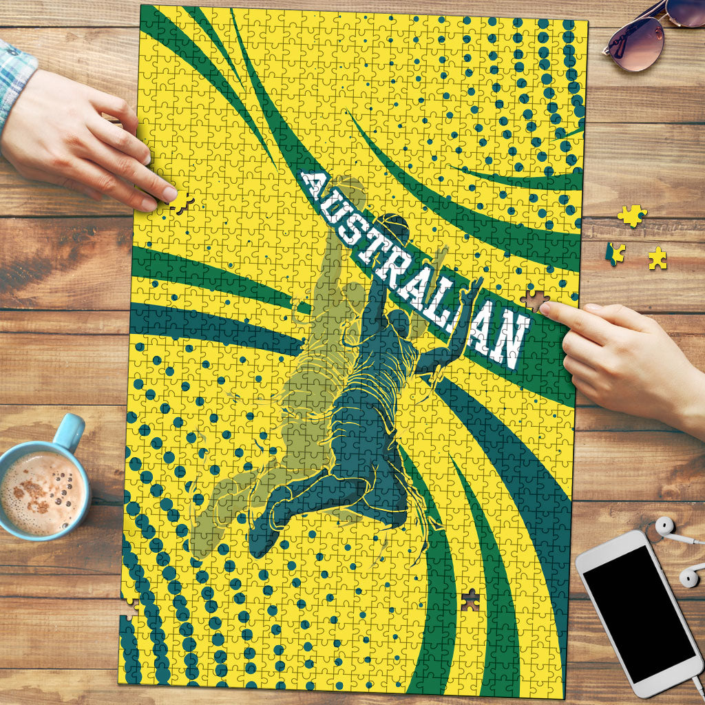 Australian Boomers Basketball Puzzle Abstract Wave Halftone Pattern With Dynamic Athlete Silhouette