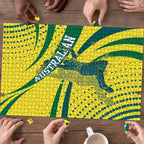 Australian Boomers Basketball Puzzle Abstract Wave Halftone Pattern With Dynamic Athlete Silhouette