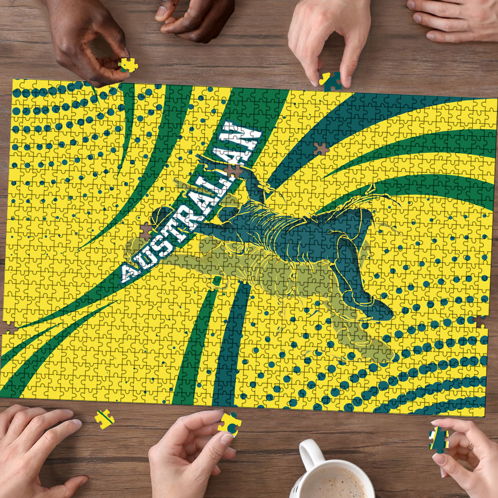 Australian Boomers Basketball Puzzle Abstract Wave Halftone Pattern With Dynamic Athlete Silhouette