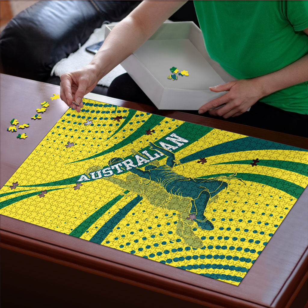 Australian Boomers Basketball Puzzle Abstract Wave Halftone Pattern With Dynamic Athlete Silhouette