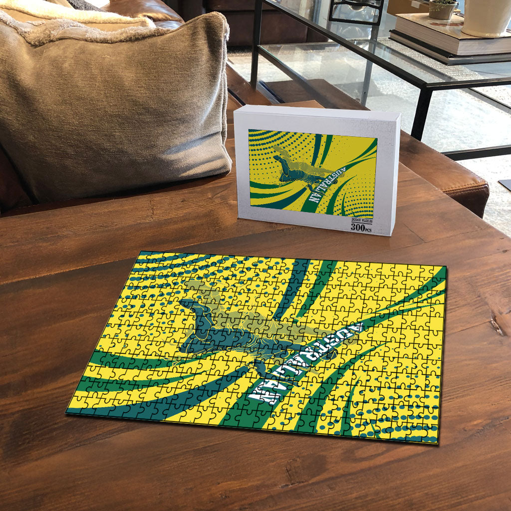 Australian Boomers Basketball Puzzle Abstract Wave Halftone Pattern With Dynamic Athlete Silhouette