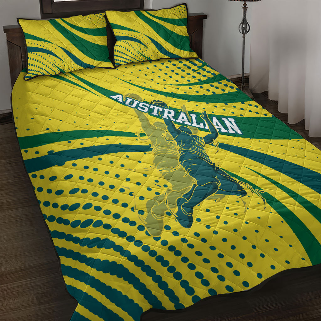Australian Boomers Basketball Quilt Bed Set Abstract Wave Halftone Pattern With Dynamic Athlete Silhouette
