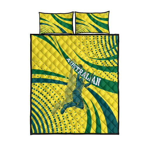 Australian Boomers Basketball Quilt Bed Set Abstract Wave Halftone Pattern With Dynamic Athlete Silhouette