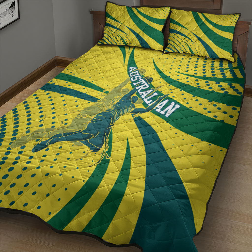 Australian Boomers Basketball Quilt Bed Set Abstract Wave Halftone Pattern With Dynamic Athlete Silhouette