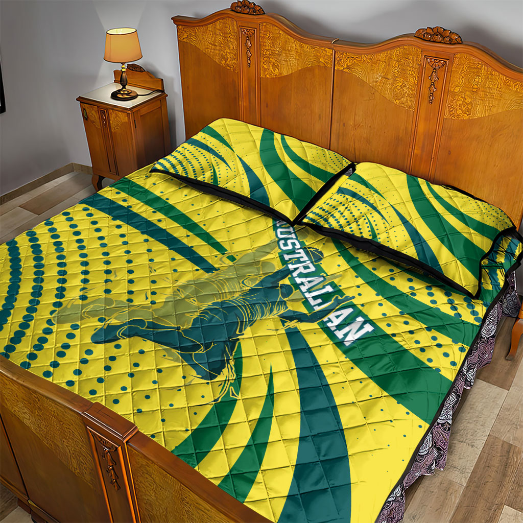 Australian Boomers Basketball Quilt Bed Set Abstract Wave Halftone Pattern With Dynamic Athlete Silhouette