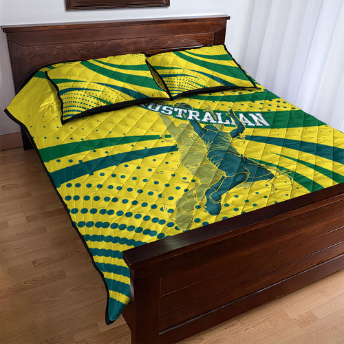 Australian Boomers Basketball Quilt Bed Set Abstract Wave Halftone Pattern With Dynamic Athlete Silhouette