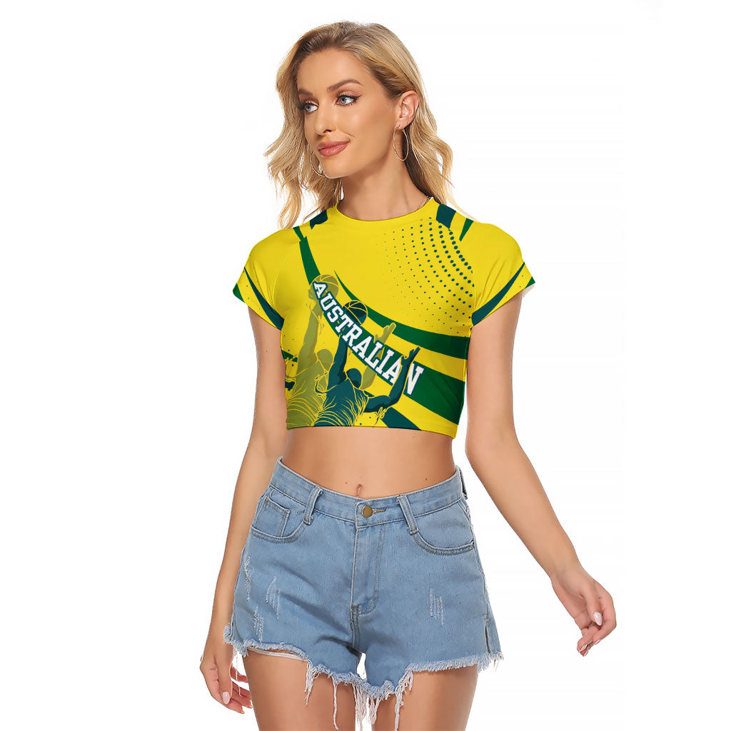 Australian Boomers Basketball Raglan Cropped T Shirt Abstract Wave Halftone Pattern With Dynamic Athlete Silhouette