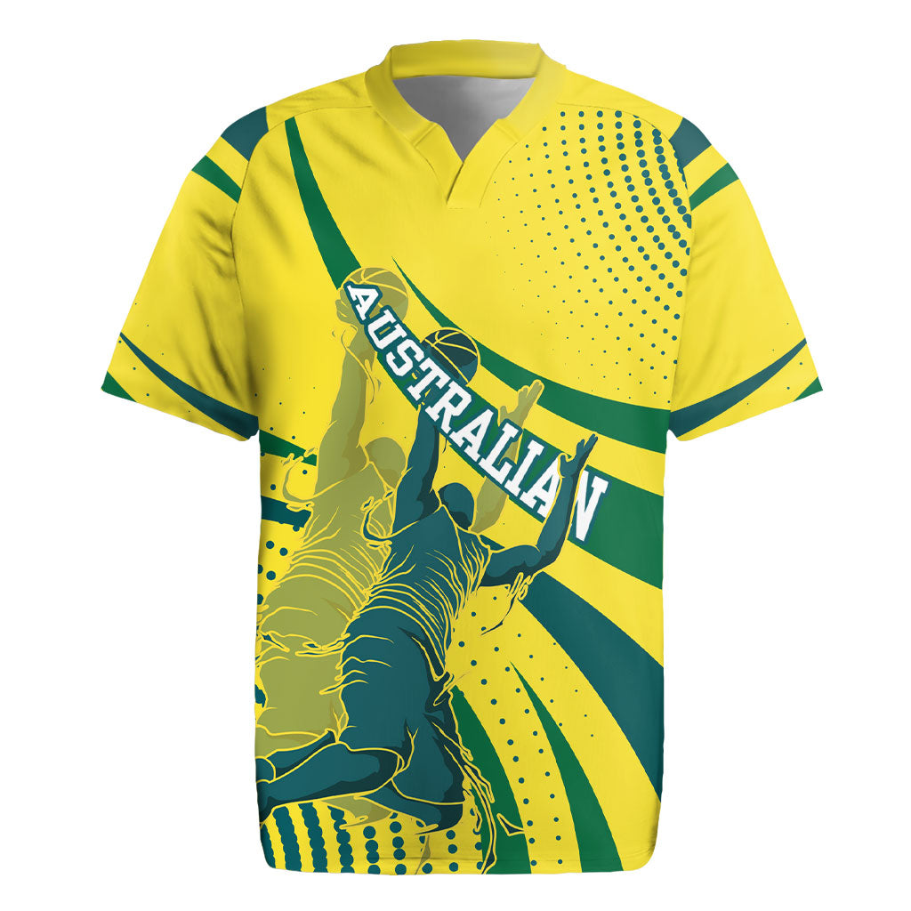 Australian Boomers Basketball Rugby Jersey Abstract Wave Halftone Pattern With Dynamic Athlete Silhouette