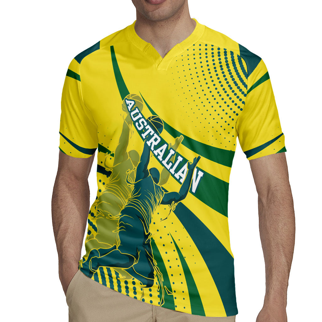 Australian Boomers Basketball Rugby Jersey Abstract Wave Halftone Pattern With Dynamic Athlete Silhouette