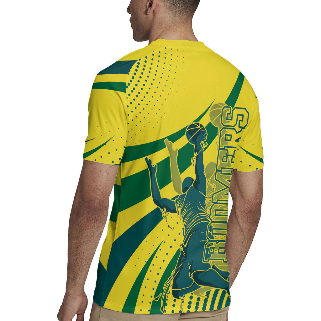 Australian Boomers Basketball Rugby Jersey Abstract Wave Halftone Pattern With Dynamic Athlete Silhouette