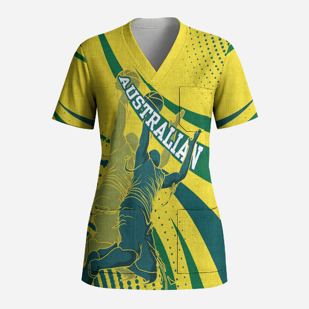 Australian Boomers Basketball Scrub Top Abstract Wave Halftone Pattern With Dynamic Athlete Silhouette