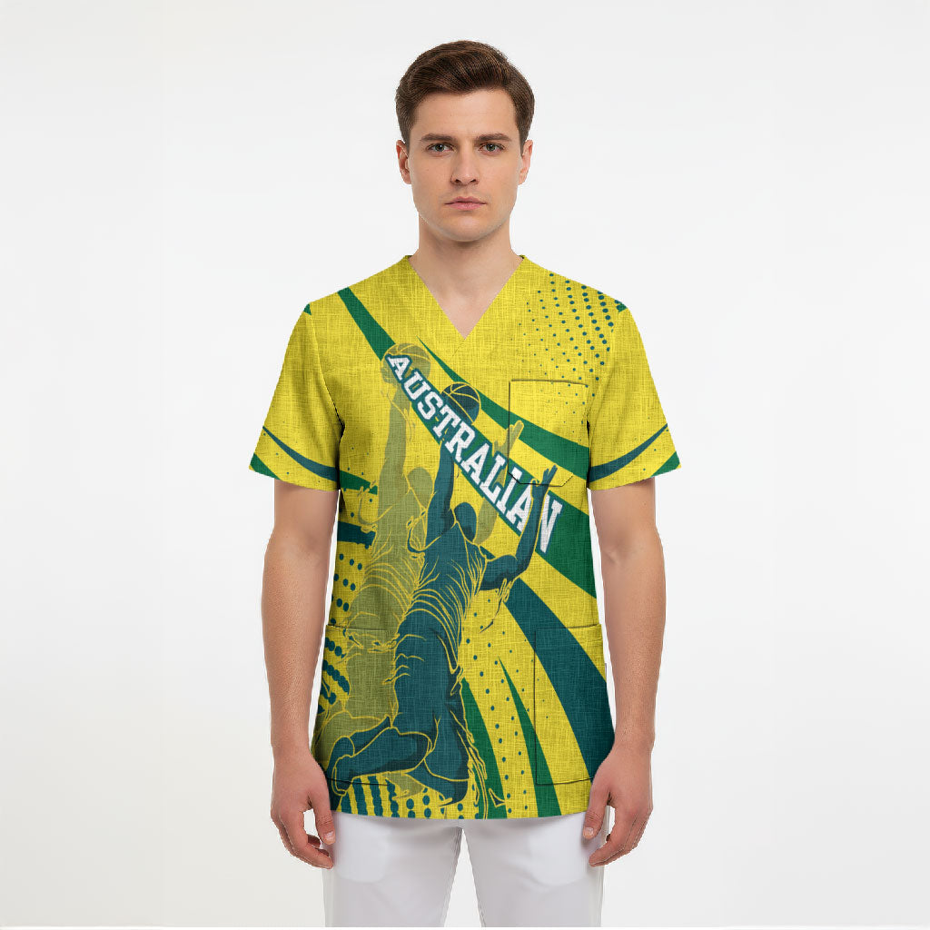 Australian Boomers Basketball Scrub Top Abstract Wave Halftone Pattern With Dynamic Athlete Silhouette