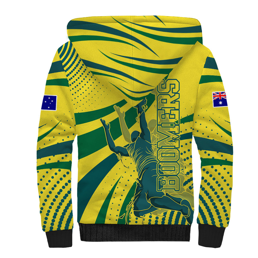 Australian Boomers Basketball Sherpa Hoodie Abstract Wave Halftone Pattern With Dynamic Athlete Silhouette