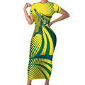 Australian Boomers Basketball Short Sleeve Bodycon Dress Abstract Wave Halftone Pattern With Dynamic Athlete Silhouette