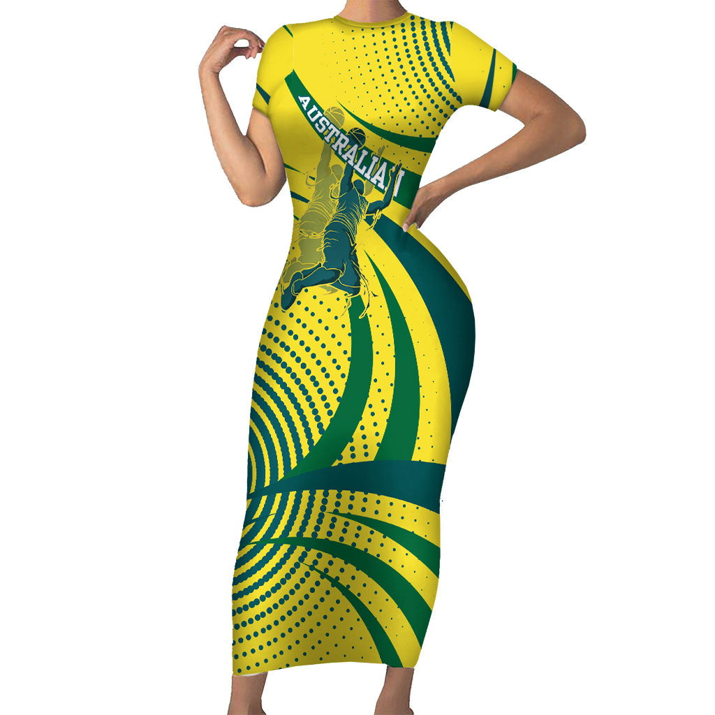 Australian Boomers Basketball Short Sleeve Bodycon Dress Abstract Wave Halftone Pattern With Dynamic Athlete Silhouette