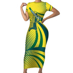 Australian Boomers Basketball Short Sleeve Bodycon Dress Abstract Wave Halftone Pattern With Dynamic Athlete Silhouette