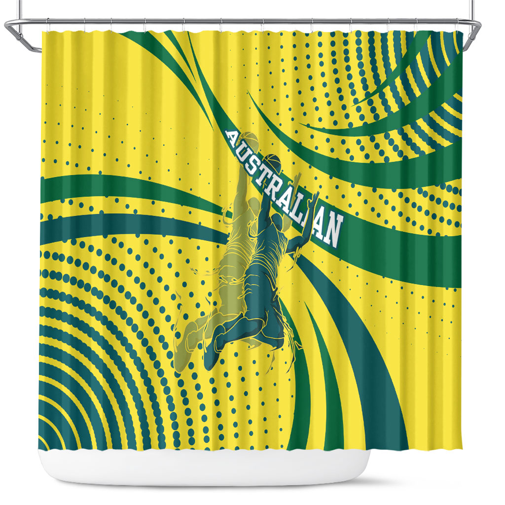 Australian Boomers Basketball Shower Curtain Abstract Wave Halftone Pattern With Dynamic Athlete Silhouette