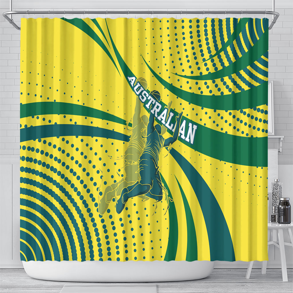 Australian Boomers Basketball Shower Curtain Abstract Wave Halftone Pattern With Dynamic Athlete Silhouette