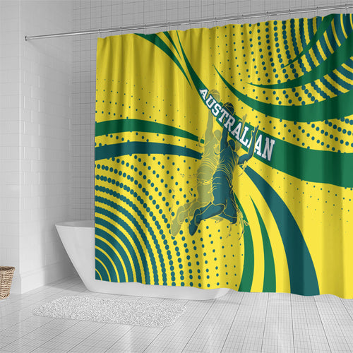 Australian Boomers Basketball Shower Curtain Abstract Wave Halftone Pattern With Dynamic Athlete Silhouette