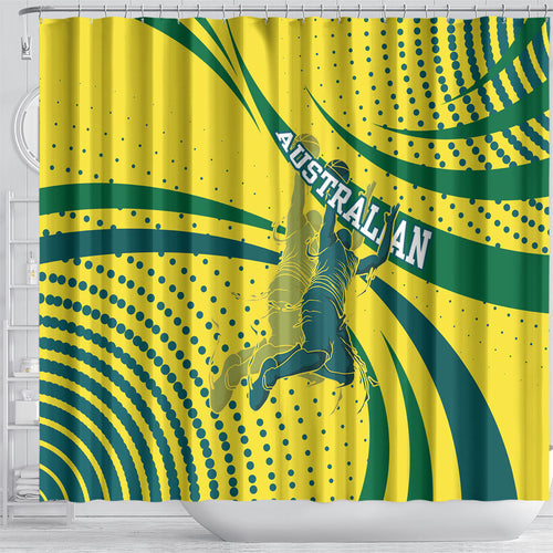 Australian Boomers Basketball Shower Curtain Abstract Wave Halftone Pattern With Dynamic Athlete Silhouette
