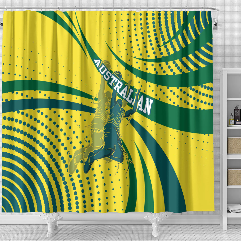 Australian Boomers Basketball Shower Curtain Abstract Wave Halftone Pattern With Dynamic Athlete Silhouette
