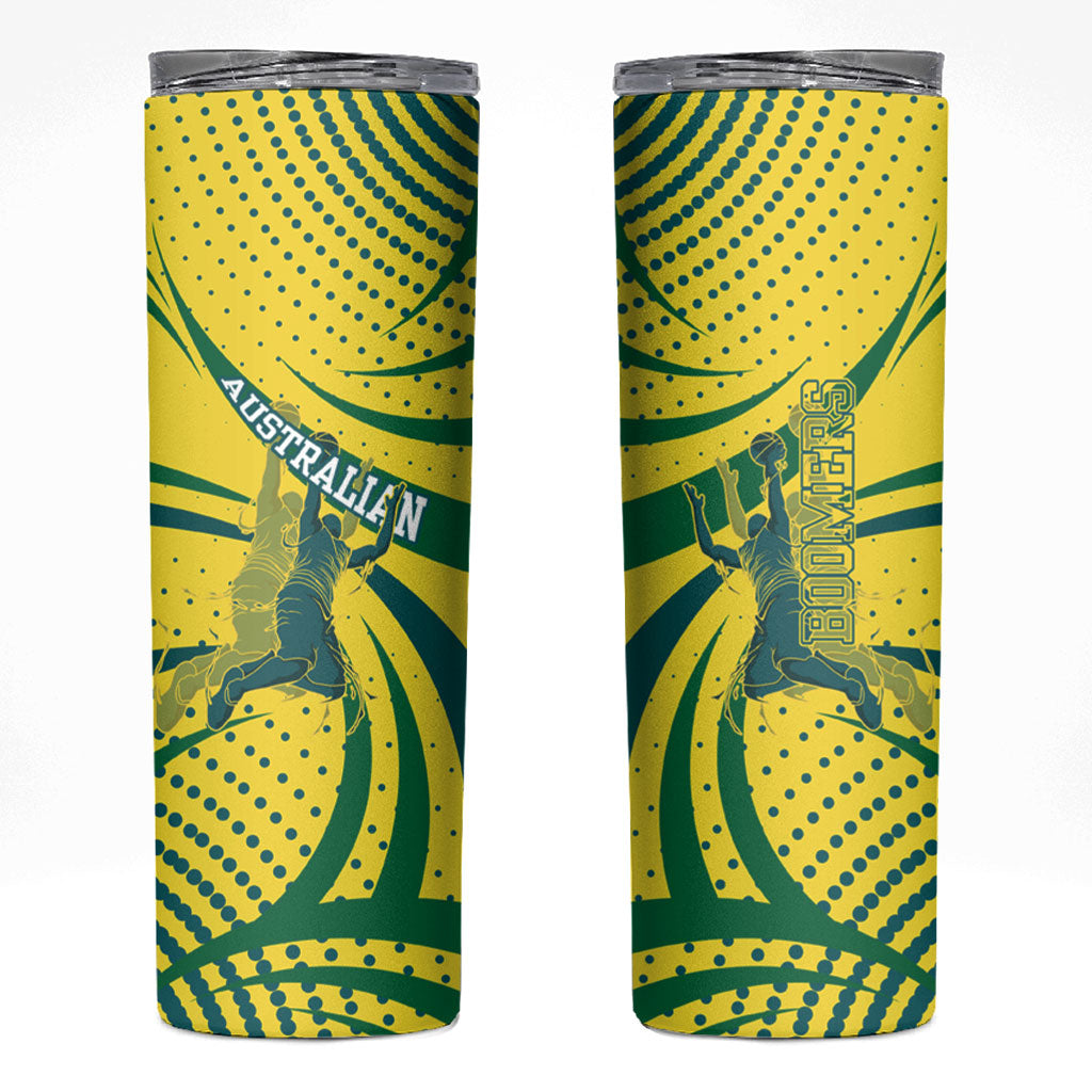 Australian Boomers Basketball Skinny Tumbler Abstract Wave Halftone Pattern With Dynamic Athlete Silhouette