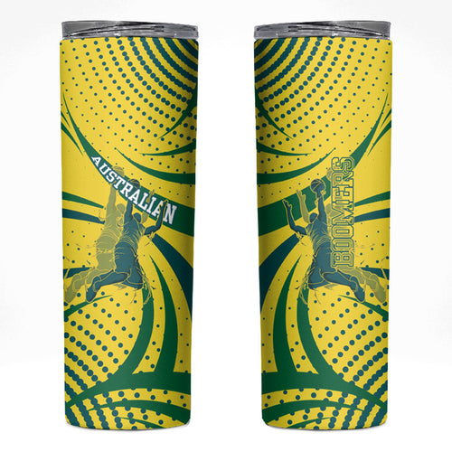 Australian Boomers Basketball Skinny Tumbler Abstract Wave Halftone Pattern With Dynamic Athlete Silhouette