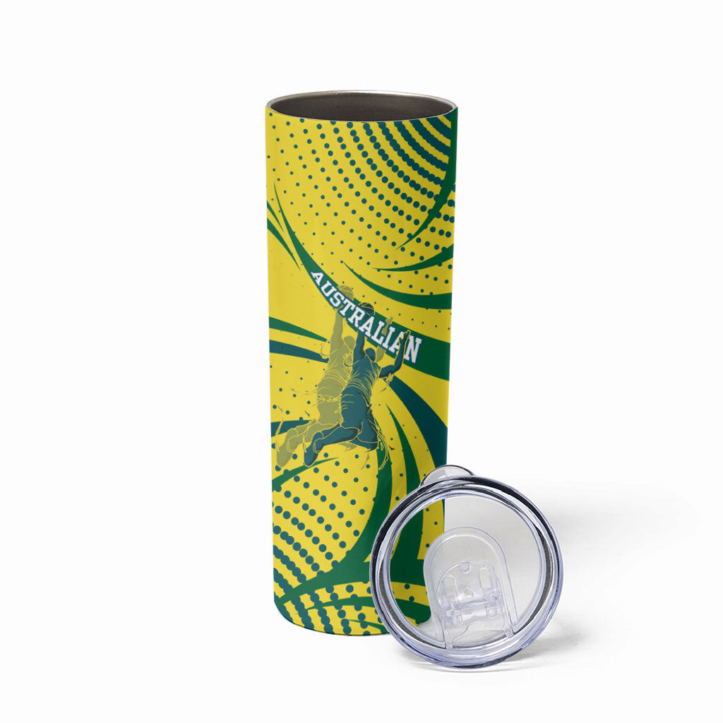 Australian Boomers Basketball Skinny Tumbler Abstract Wave Halftone Pattern With Dynamic Athlete Silhouette