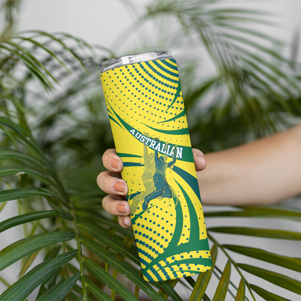 Australian Boomers Basketball Skinny Tumbler Abstract Wave Halftone Pattern With Dynamic Athlete Silhouette
