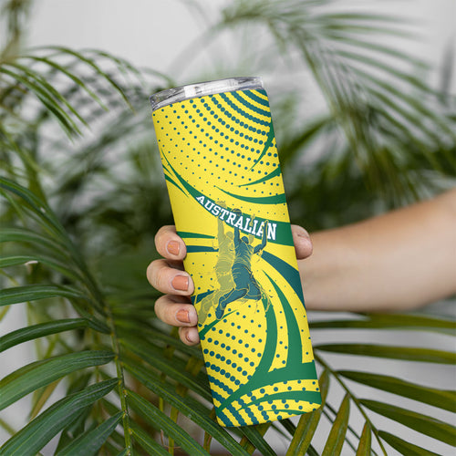 Australian Boomers Basketball Skinny Tumbler Abstract Wave Halftone Pattern With Dynamic Athlete Silhouette