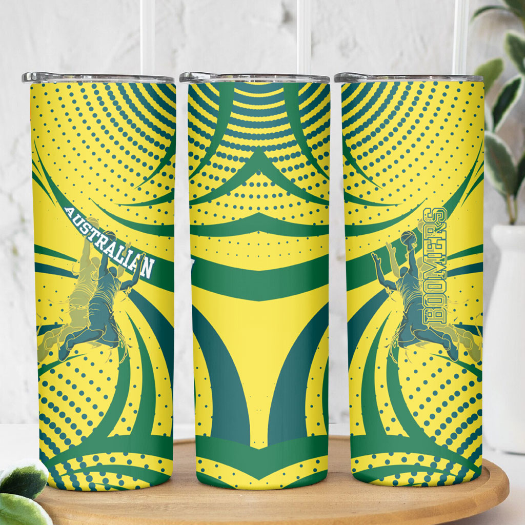 Australian Boomers Basketball Skinny Tumbler Abstract Wave Halftone Pattern With Dynamic Athlete Silhouette