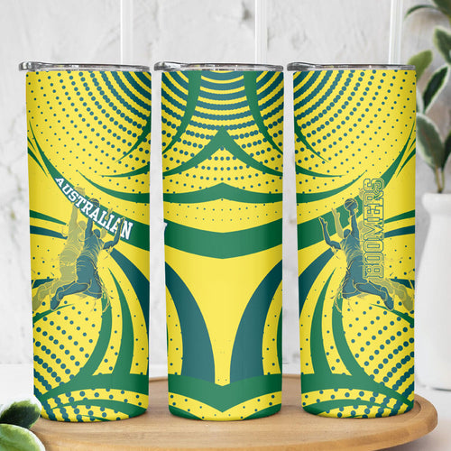 Australian Boomers Basketball Skinny Tumbler Abstract Wave Halftone Pattern With Dynamic Athlete Silhouette